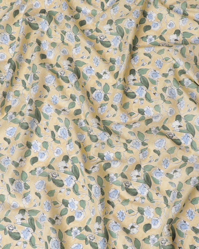 Charming Yellow Floral Cotton Lawn Fabric with Blue and White Blossoms, 110 cm Wide, Japanese Design-D19543