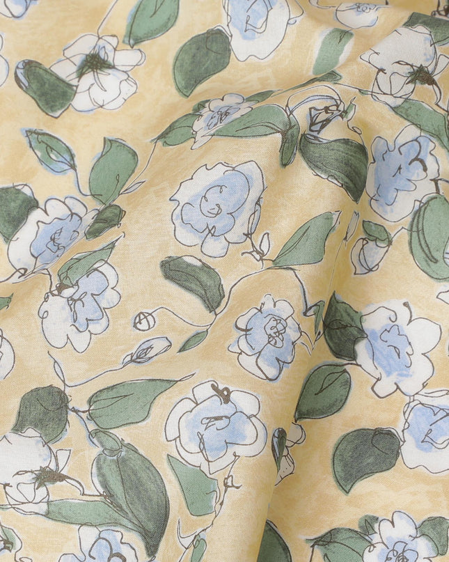 Charming Yellow Floral Cotton Lawn Fabric with Blue and White Blossoms, 110 cm Wide, Japanese Design-D19543