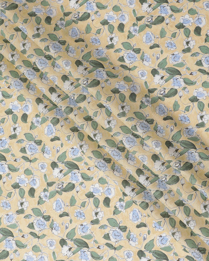 Charming Yellow Floral Cotton Lawn Fabric with Blue and White Blossoms, 110 cm Wide, Japanese Design-D19543