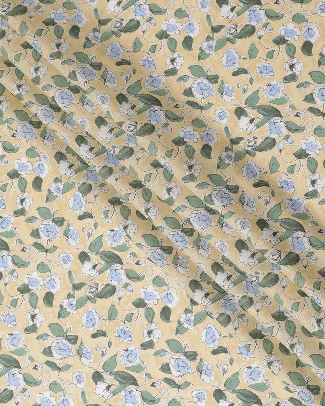 Charming Yellow Floral Cotton Lawn Fabric with Blue and White Blossoms, 110 cm Wide, Japanese Design-D19543