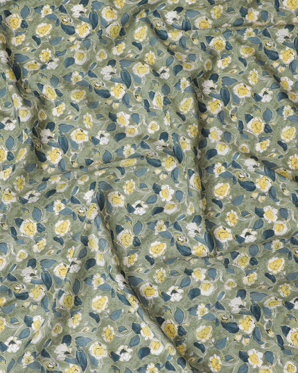 Soft Green Floral Cotton Lawn Fabric with Yellow and White Blossoms, 110 cm Wide, Japanese Design-D19544