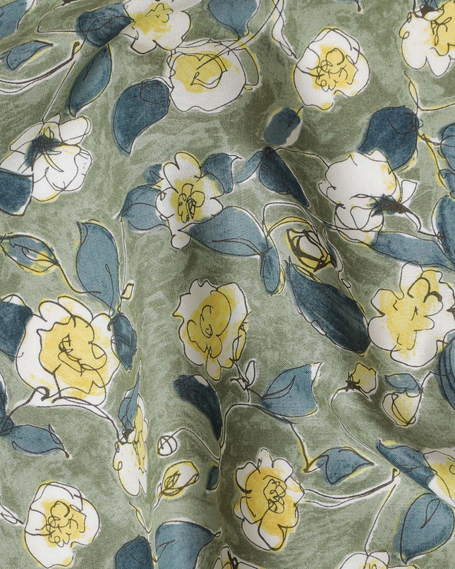 Soft Green Floral Cotton Lawn Fabric with Yellow and White Blossoms, 110 cm Wide, Japanese Design-D19544 Regal Fabrics
