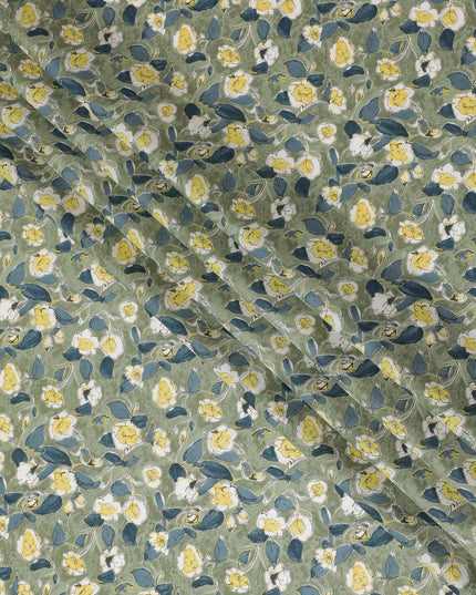 Soft Green Floral Cotton Lawn Fabric with Yellow and White Blossoms, 110 cm Wide, Japanese Design-D19544