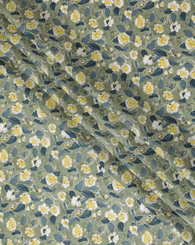 Soft Green Floral Cotton Lawn Fabric with Yellow and White Blossoms, 110 cm Wide, Japanese Design-D19544 Regal Fabrics