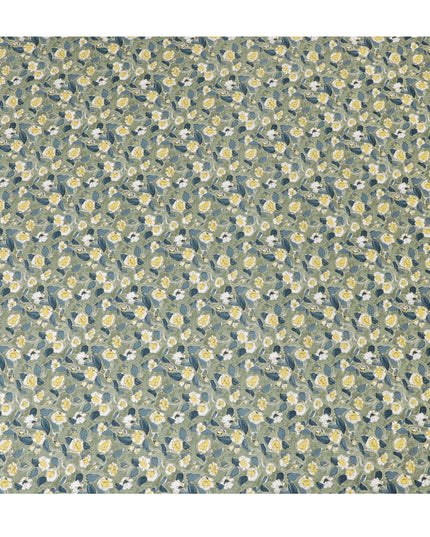 Soft Green Floral Cotton Lawn Fabric with Yellow and White Blossoms, 110 cm Wide, Japanese Design-D19544