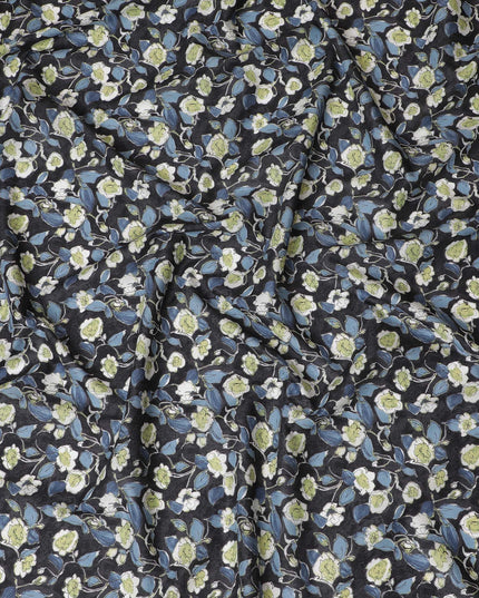 Elegant Black Floral Cotton Lawn Fabric with White and Green Blossoms, 110 cm Wide, Japanese Design-D19545