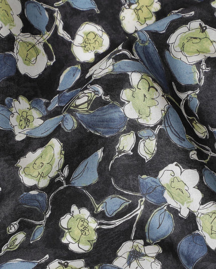 Elegant Black Floral Cotton Lawn Fabric with White and Green Blossoms, 110 cm Wide, Japanese Design-D19545