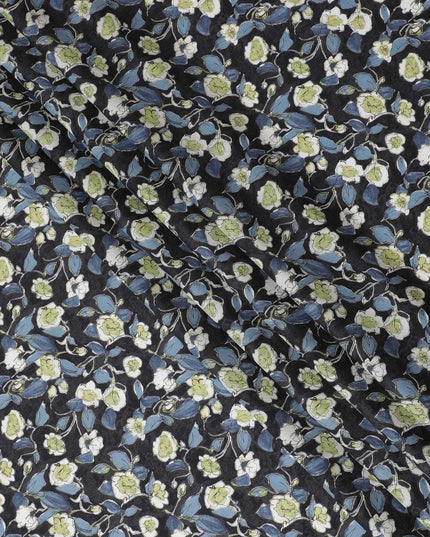 Elegant Black Floral Cotton Lawn Fabric with White and Green Blossoms, 110 cm Wide, Japanese Design-D19545