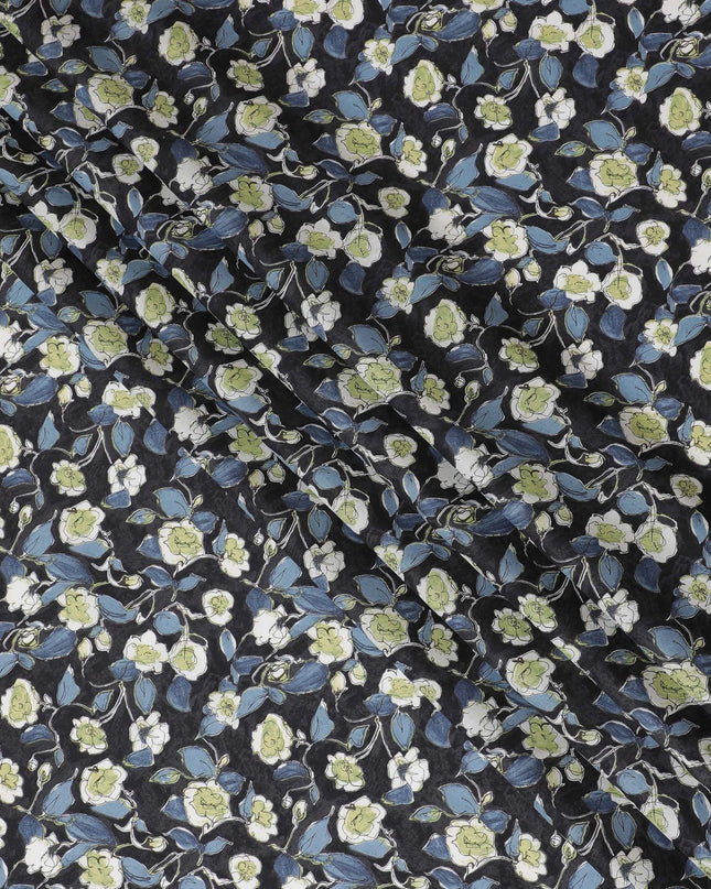 Elegant Black Floral Cotton Lawn Fabric with White and Green Blossoms, 110 cm Wide, Japanese Design-D19545