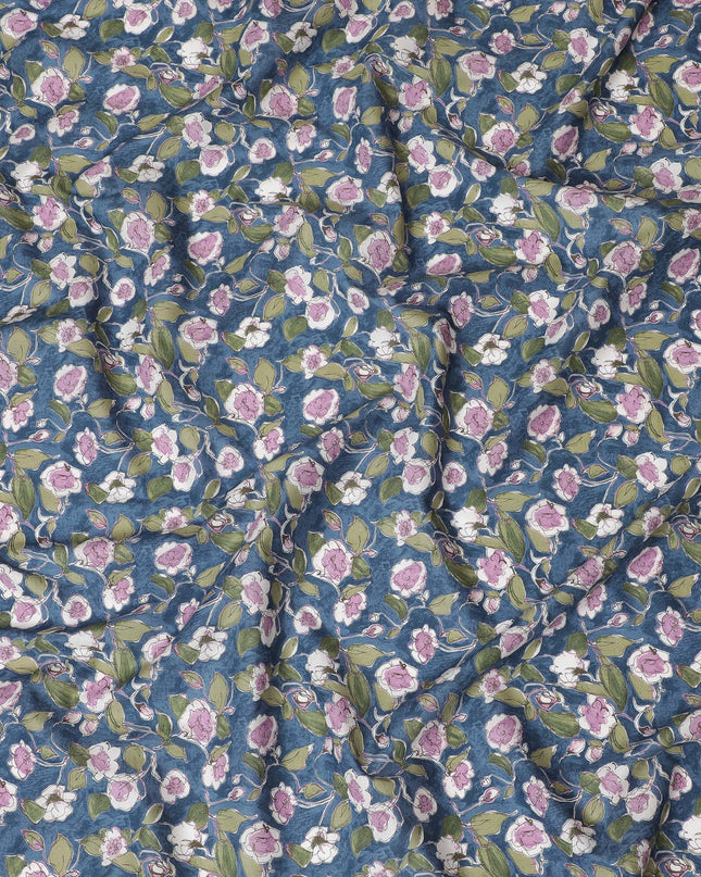 Stylish Blue Floral Cotton Lawn Fabric with Pink and White Blossoms, 110 cm Wide, Japanese Design-D19546