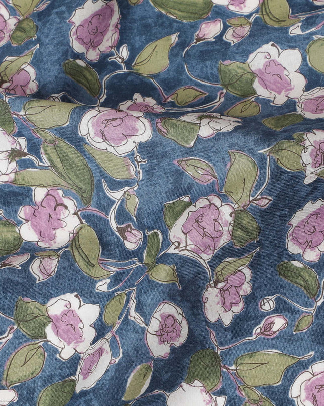 Stylish Blue Floral Cotton Lawn Fabric with Pink and White Blossoms, 110 cm Wide, Japanese Design-D19546