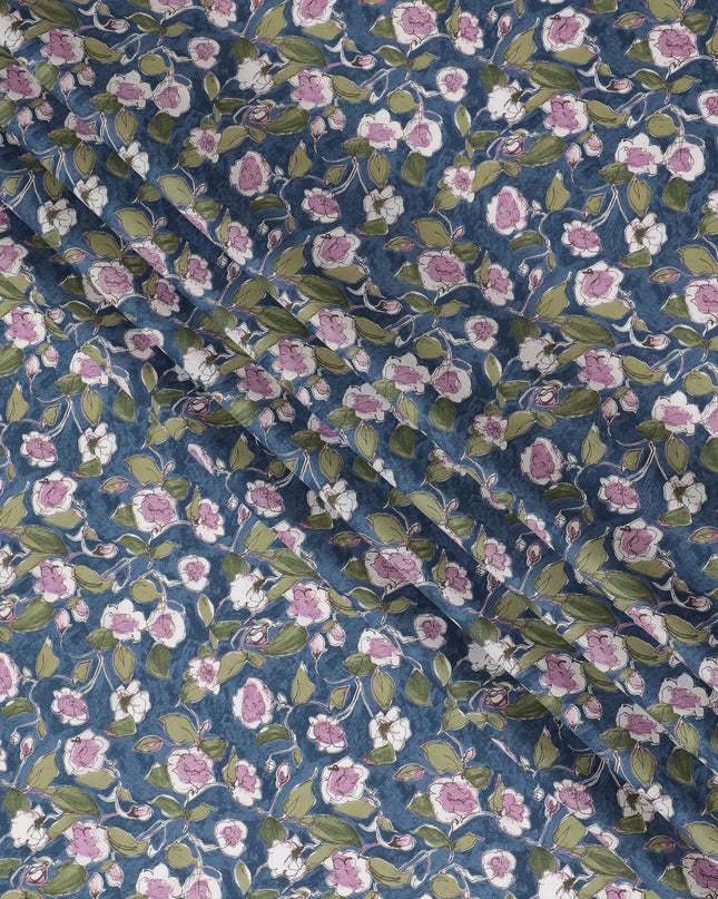 Stylish Blue Floral Cotton Lawn Fabric with Pink and White Blossoms, 110 cm Wide, Japanese Design-D19546