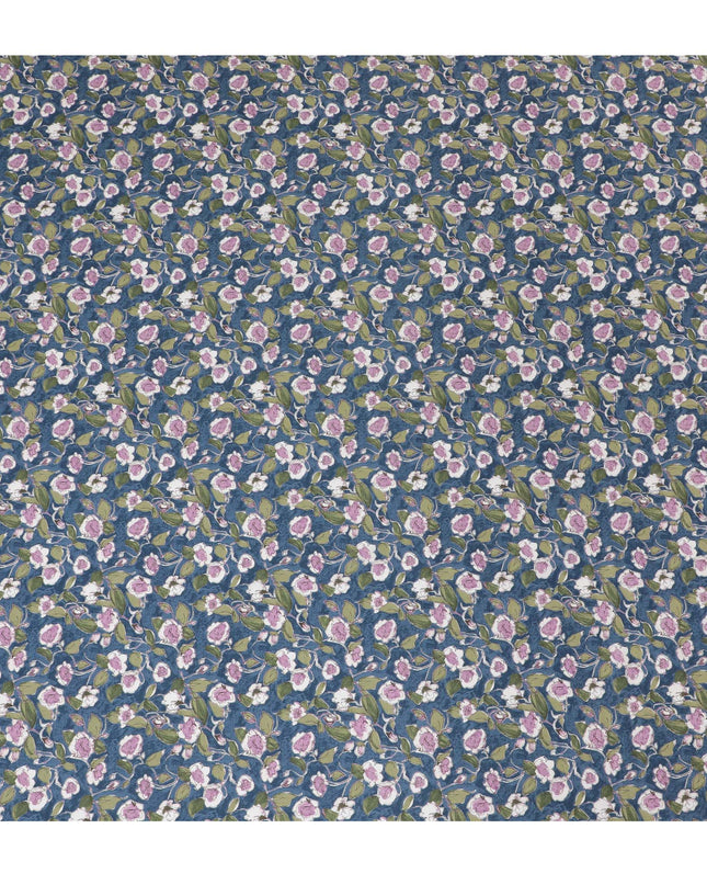 Stylish Blue Floral Cotton Lawn Fabric with Pink and White Blossoms, 110 cm Wide, Japanese Design-D19546