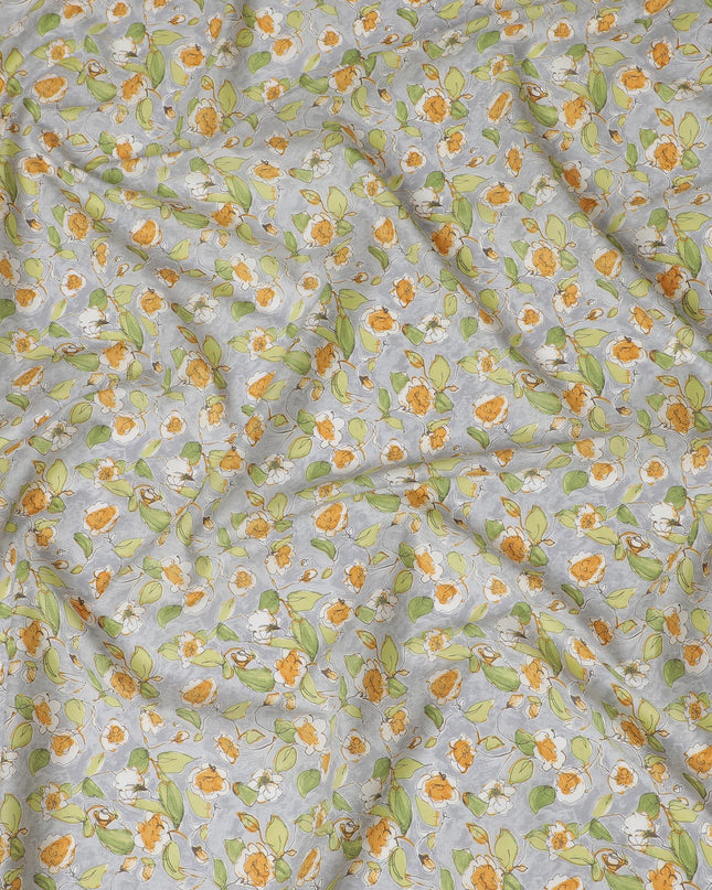 Elegant Gray Floral Cotton Lawn Fabric with Yellow and White Blossoms, 110 cm Wide, Japanese Design-D19547