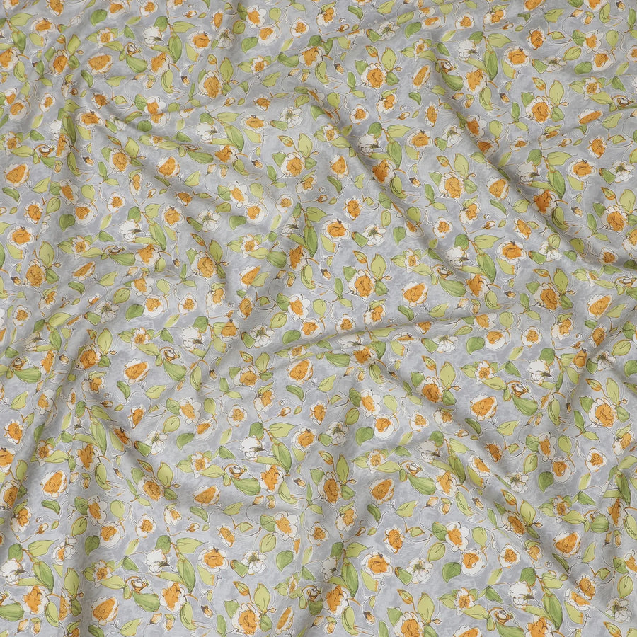 Elegant Gray Floral Cotton Lawn Fabric with Yellow and White Blossoms, 110 cm Wide, Japanese Design-D19547 Regal Fabrics