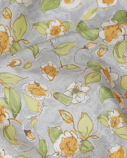 Elegant Gray Floral Cotton Lawn Fabric with Yellow and White Blossoms, 110 cm Wide, Japanese Design-D19547