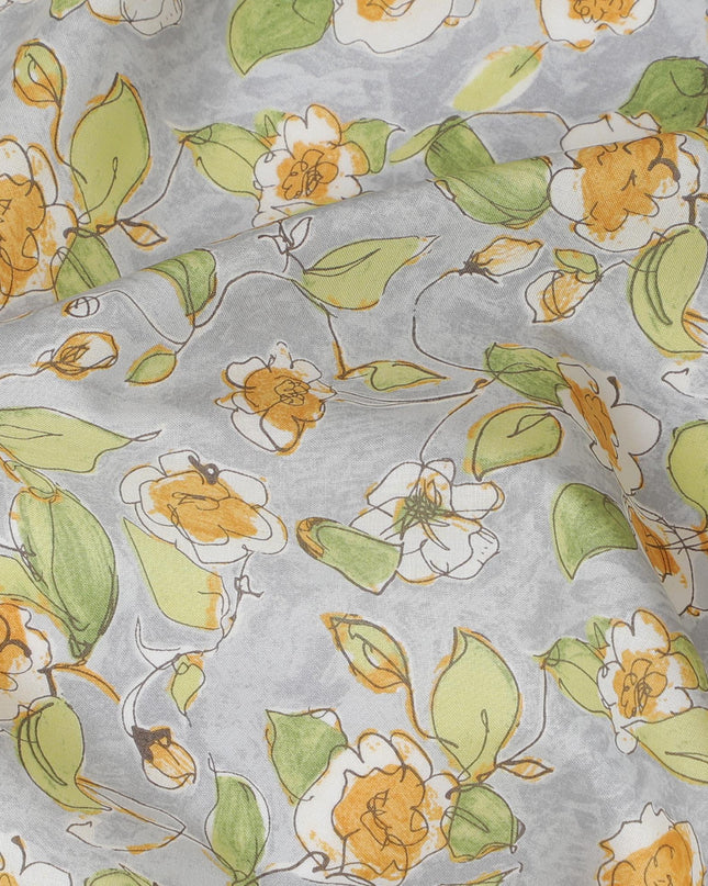 Elegant Gray Floral Cotton Lawn Fabric with Yellow and White Blossoms, 110 cm Wide, Japanese Design-D19547