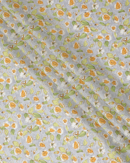 Elegant Gray Floral Cotton Lawn Fabric with Yellow and White Blossoms, 110 cm Wide, Japanese Design-D19547