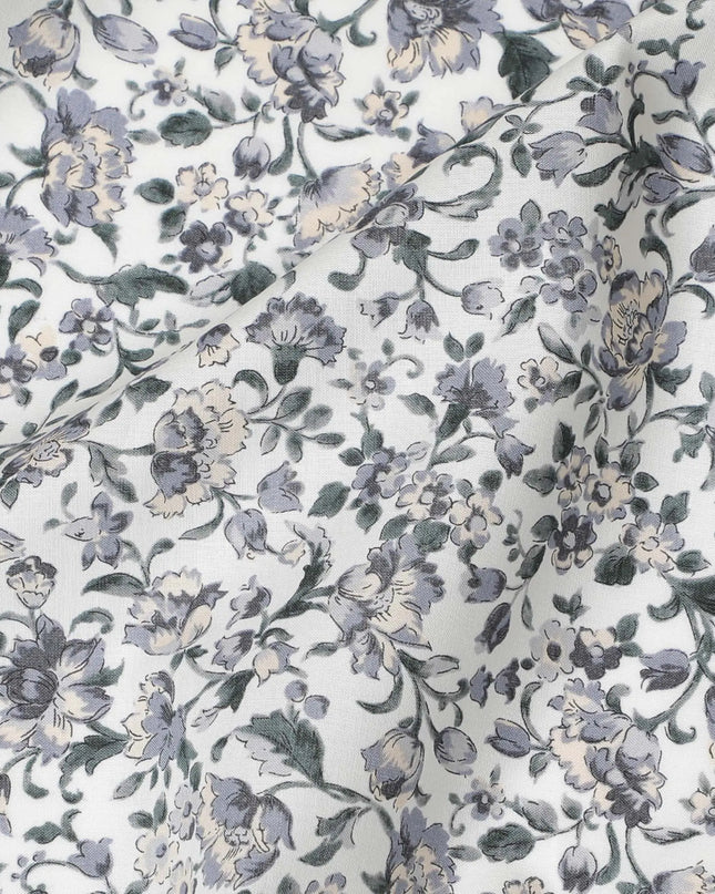 Sophisticated White Floral Cotton Lawn Fabric with Grey and Lavender Blooms, 110 cm Wide, Japanese Design-D19548 Regal Fabrics