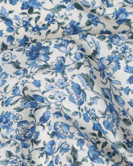 Elegant White Floral Cotton Lawn Fabric with Blue Blossoms, 110 cm Wide, Japanese Design-D19549