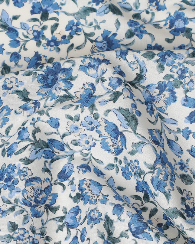 Elegant White Floral Cotton Lawn Fabric with Blue Blossoms, 110 cm Wide, Japanese Design-D19549 Regal Fabrics