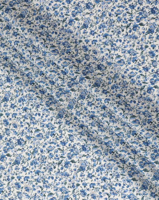 Elegant White Floral Cotton Lawn Fabric with Blue Blossoms, 110 cm Wide, Japanese Design-D19549 Regal Fabrics