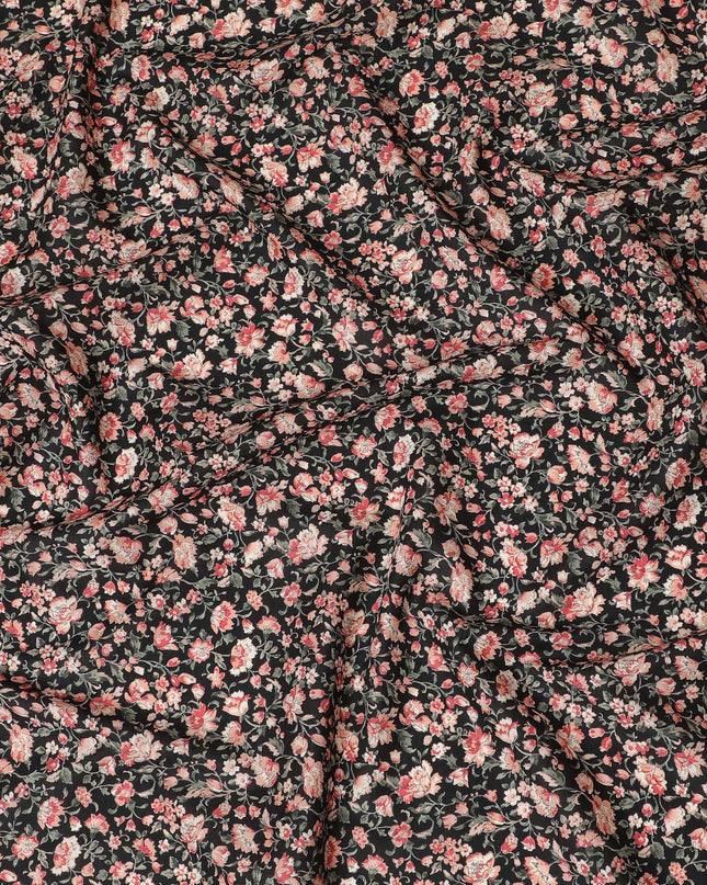 قماش عشبي قطني أنيق باللون الأسود مع أزهار وردية ومرجانية، عرض 110 سم، تصميم ياباني-D19550