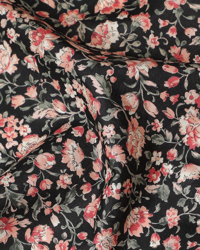 قماش عشبي قطني أنيق باللون الأسود مع أزهار وردية ومرجانية، عرض 110 سم، تصميم ياباني-D19550