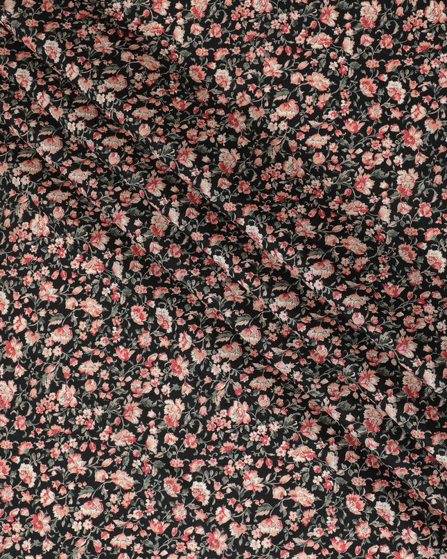 قماش عشبي قطني أنيق باللون الأسود مع أزهار وردية ومرجانية، عرض 110 سم، تصميم ياباني-D19550