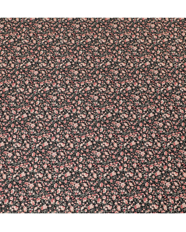 قماش عشبي قطني أنيق باللون الأسود مع أزهار وردية ومرجانية، عرض 110 سم، تصميم ياباني-D19550
