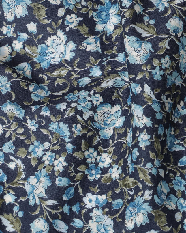 Sophisticated Navy Blue Floral Cotton Lawn Fabric with Light Blue Blossoms, 110 cm Wide, Japanese Design-D19551