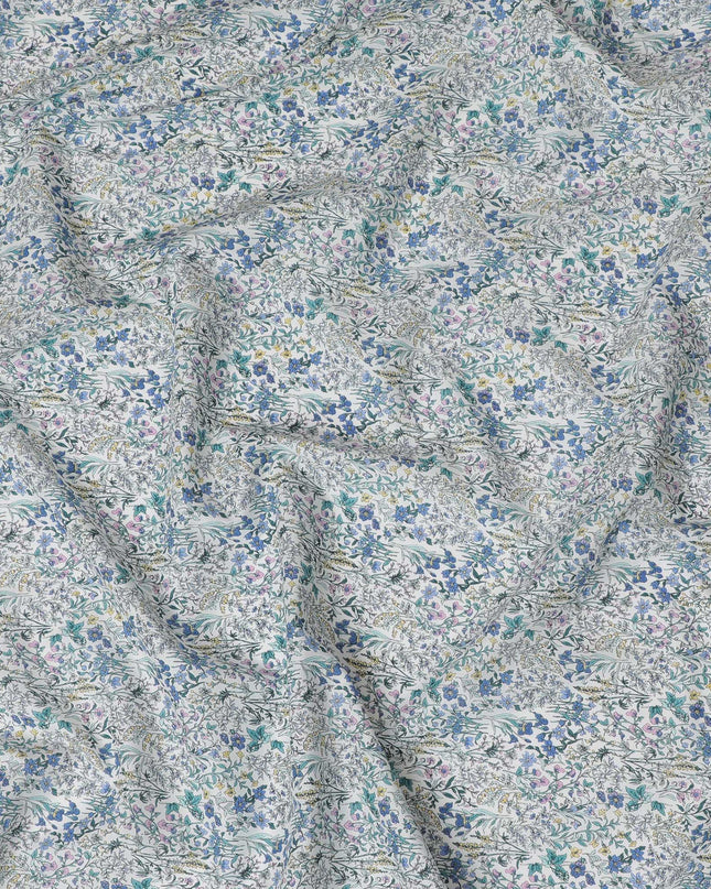 Charming White Floral Cotton Lawn Fabric with Blue and Pink Blossoms, 110 cm Wide, Japanese Design-D19553