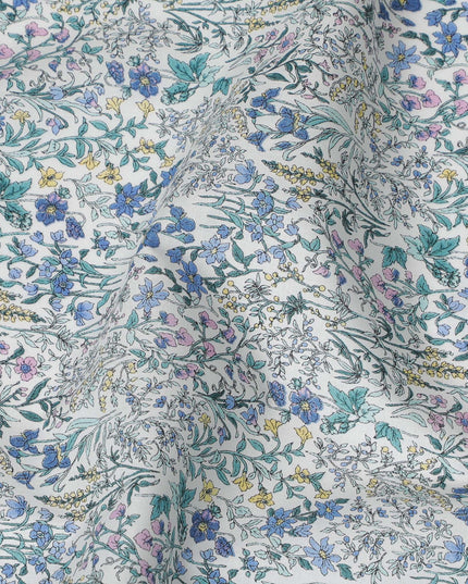 Charming White Floral Cotton Lawn Fabric with Blue and Pink Blossoms, 110 cm Wide, Japanese Design-D19553