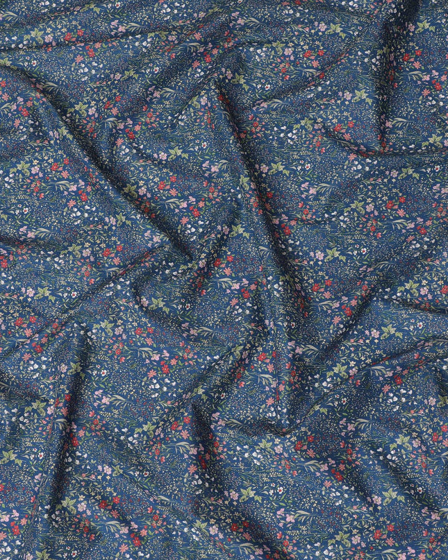 Elegant Navy Blue Floral Cotton Lawn Fabric with Red and Pink Blossoms, 110 cm Wide, Japanese Design-D19554