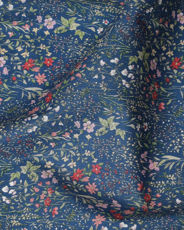 Elegant Navy Blue Floral Cotton Lawn Fabric with Red and Pink Blossoms, 110 cm Wide, Japanese Design-D19554