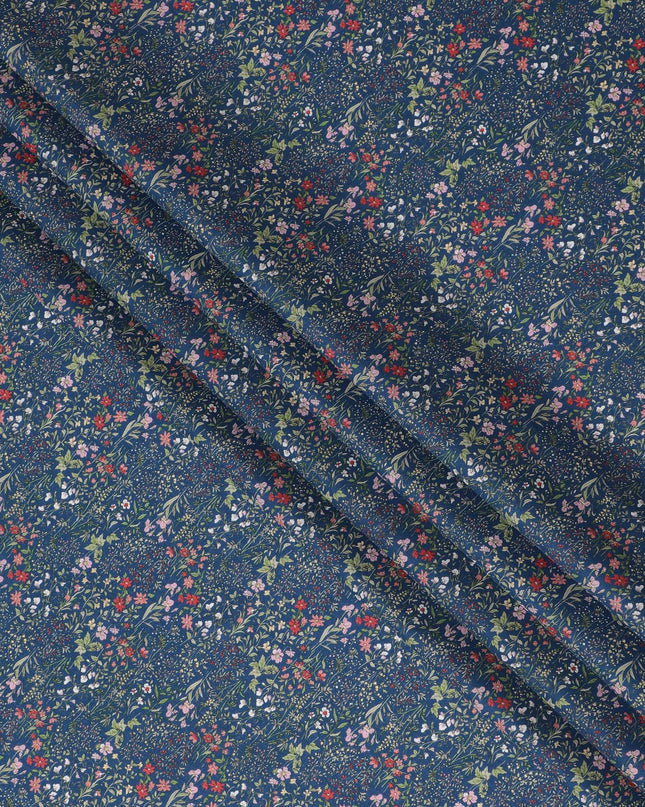 Elegant Navy Blue Floral Cotton Lawn Fabric with Red and Pink Blossoms, 110 cm Wide, Japanese Design-D19554