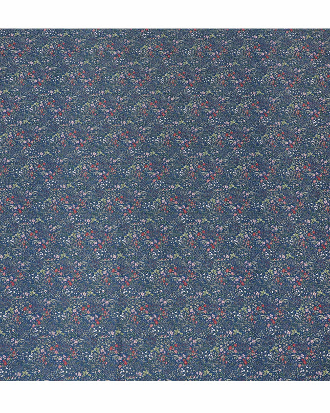 Elegant Navy Blue Floral Cotton Lawn Fabric with Red and Pink Blossoms, 110 cm Wide, Japanese Design-D19554