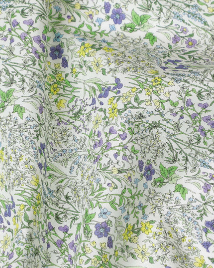 Delicate White Floral Cotton Lawn Fabric with Yellow and Purple Blossoms, 110 cm Wide, Japanese Design-D19555