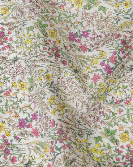 Charming White Floral Cotton Lawn Fabric with Pink and Yellow Blossoms, 110 cm Wide, Japanese Design-D19556