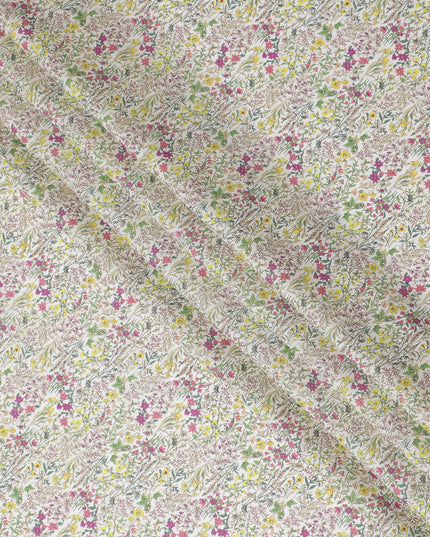 Charming White Floral Cotton Lawn Fabric with Pink and Yellow Blossoms, 110 cm Wide, Japanese Design-D19556