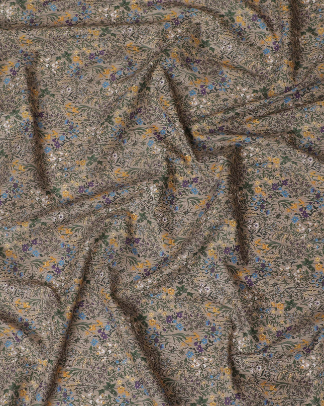 Sophisticated Taupe Floral Cotton Lawn Fabric with Yellow and Blue Blossoms, 110 cm Wide, Japanese Design-D19557 Regal Fabrics