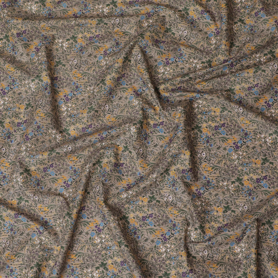 Sophisticated Taupe Floral Cotton Lawn Fabric with Yellow and Blue Blossoms, 110 cm Wide, Japanese Design-D19557
