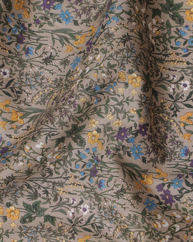 Sophisticated Taupe Floral Cotton Lawn Fabric with Yellow and Blue Blossoms, 110 cm Wide, Japanese Design-D19557 Regal Fabrics