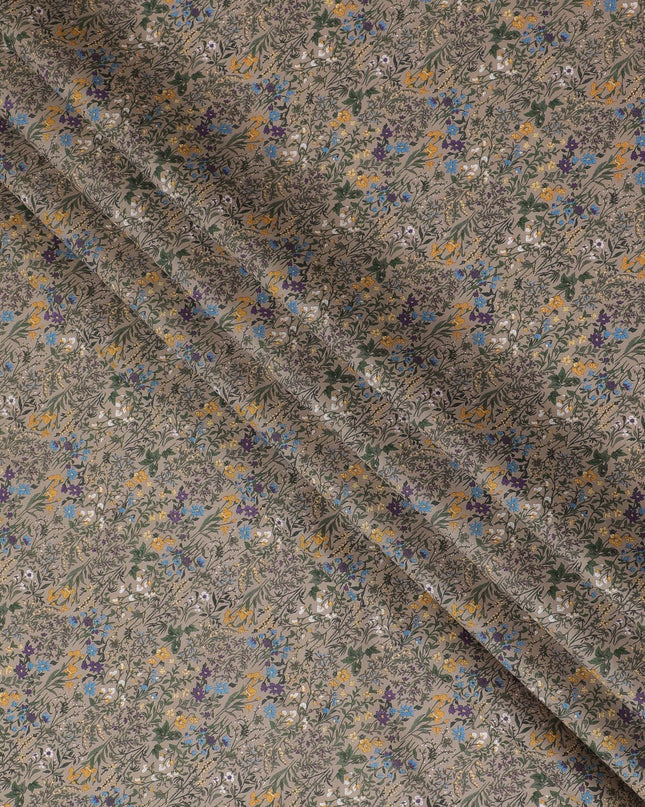 Sophisticated Taupe Floral Cotton Lawn Fabric with Yellow and Blue Blossoms, 110 cm Wide, Japanese Design-D19557 Regal Fabrics
