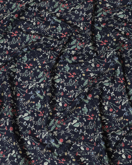 Elegant Navy blue Floral Cotton Lawn Fabric with Red and Green Blossoms, 110 cm Wide, Japanese Design-D19558