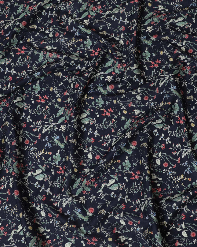 Elegant Navy blue Floral Cotton Lawn Fabric with Red and Green Blossoms, 110 cm Wide, Japanese Design-D19558 Regal Fabrics