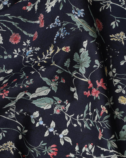 Elegant Navy blue Floral Cotton Lawn Fabric with Red and Green Blossoms, 110 cm Wide, Japanese Design-D19558