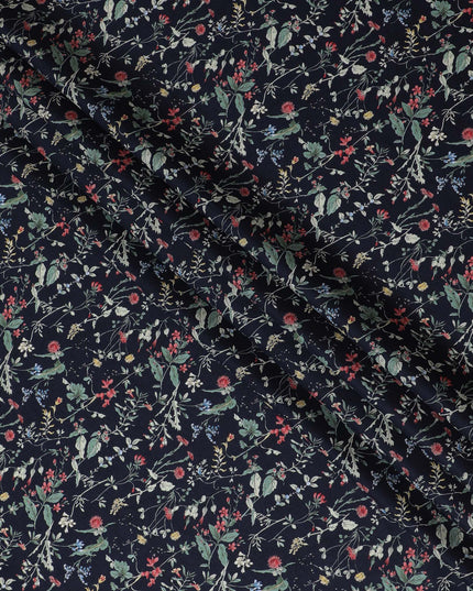 Elegant Navy blue Floral Cotton Lawn Fabric with Red and Green Blossoms, 110 cm Wide, Japanese Design-D19558