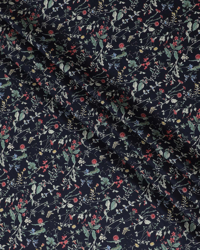 Elegant Navy blue Floral Cotton Lawn Fabric with Red and Green Blossoms, 110 cm Wide, Japanese Design-D19558 Regal Fabrics