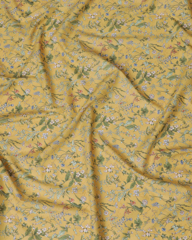 Elegant Yellow Floral Cotton Lawn Fabric with Green and Blue Blossoms, 110 cm Wide, Japanese Design-D19559 Regal Fabrics